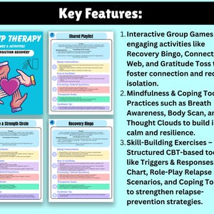 K&ouml;nnte beinhalten: T&uuml;rkisfarbene Grafik mit dem Text "GROUP THERAPY GAMES & ACTIVITIES FOR ADDICTION RECOVERY" und einem Herz. Das Bild zeigt auch vier farbige Seiten mit Anweisungen und wichtigen Merkmalen f&uuml;r die Gruppentherapie.