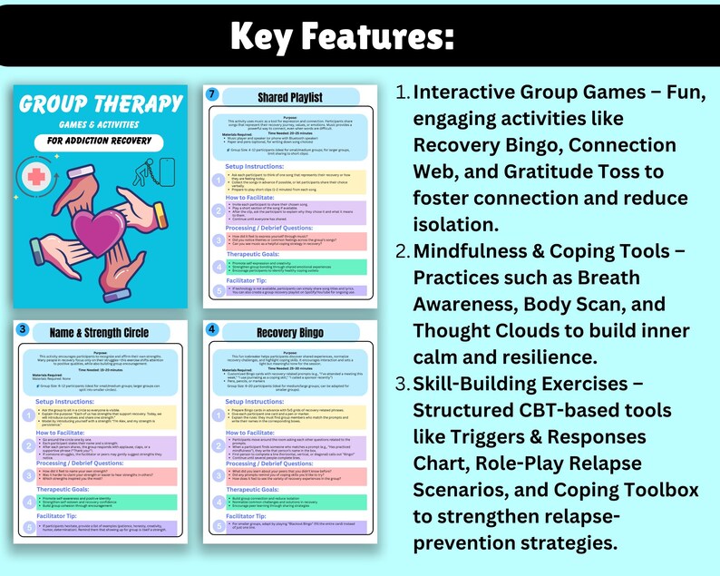 K&ouml;nnte beinhalten: T&uuml;rkisfarbene Grafik mit dem Text "GROUP THERAPY GAMES & ACTIVITIES FOR ADDICTION RECOVERY" und einem Herz. Das Bild zeigt auch vier farbige Seiten mit Anweisungen und wichtigen Merkmalen f&uuml;r die Gruppentherapie.