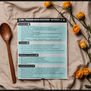May include: A printed document titled 4. THE TRIGGER CHAIN REACTION ACTIVITY featuring instructions, variations, reflection questions, and therapist notes. A wooden spoon is placed to the left, and yellow roses are arranged on the right side.