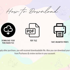 May include: An instructional graphic titled How to Download featuring three black icons: a cloud with a downward arrow, a PDF document, and a printer. Text below reads: Simply after purchase, you will received downloadable file.
