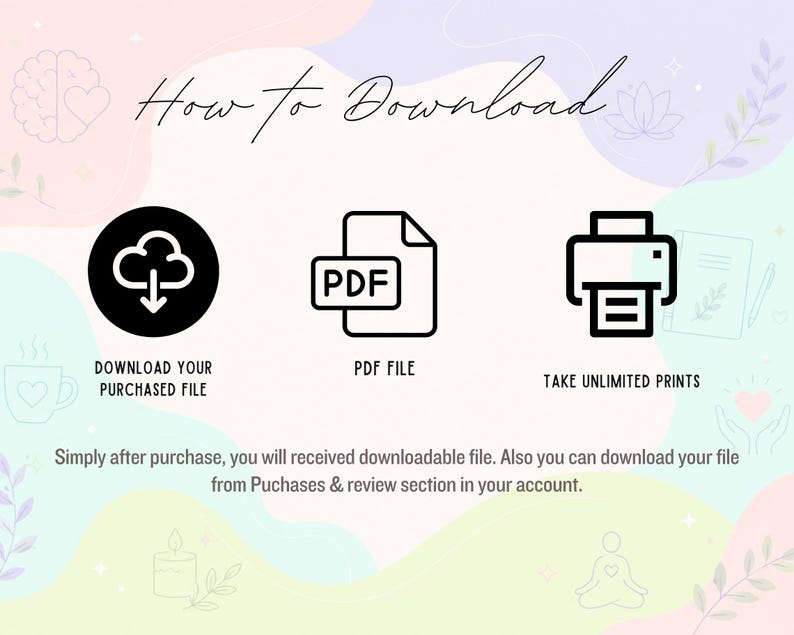 May include: An instructional graphic titled How to Download featuring three black icons: a cloud with a downward arrow, a PDF document, and a printer. Text below reads: Simply after purchase, you will received downloadable file.