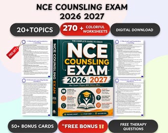 May include: A book titled "NCE Counseling Exam 2026 2027" with the text "The Complete Guide to Crack." The image includes study notes, practice questions, and bonus cards. Additional text includes "20+ Topics" and "270+ Colorful Worksheets."