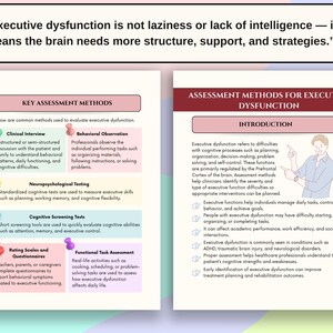 May include: Two-page document with text about executive dysfunction. The left page lists key assessment methods, including clinical interviews and behavioral observation. The right page provides an introduction to assessment methods, defining executive dysfunction and its impact.