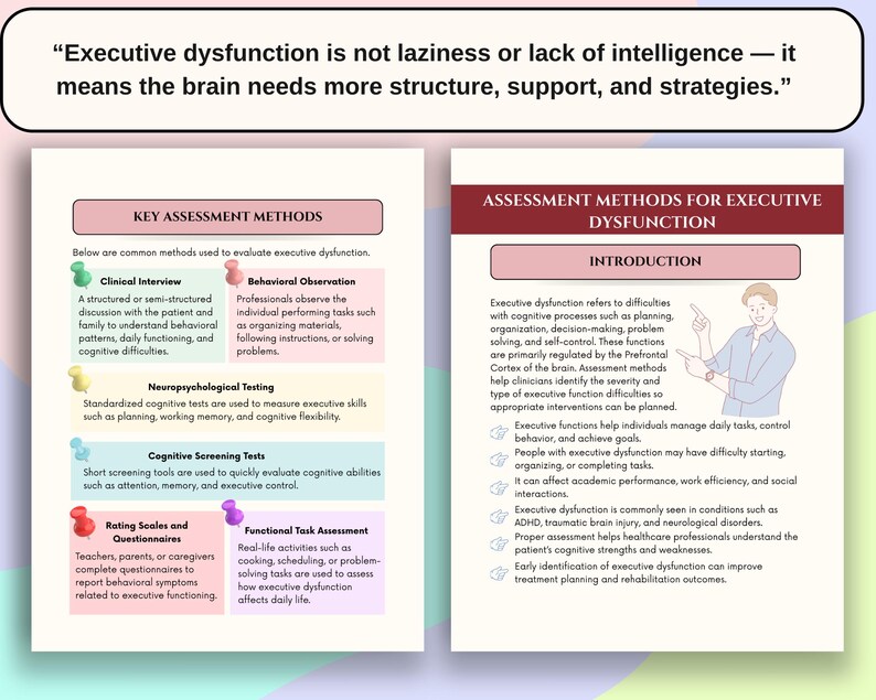 May include: Two-page document with text about executive dysfunction. The left page lists key assessment methods, including clinical interviews and behavioral observation. The right page provides an introduction to assessment methods, defining executive dysfunction and its impact.