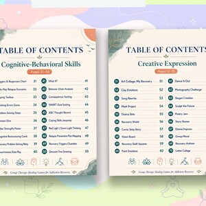 Pu&ograve; includere: Due pagine di un sommario per un quaderno di esercizi terapeutici. La pagina sinistra elenca le abilit&agrave; cognitivo-comportamentali da pagina 31 a 50, la destra l'espressione creativa da 51 a 70, con testo blu scuro su sfondo color crema.