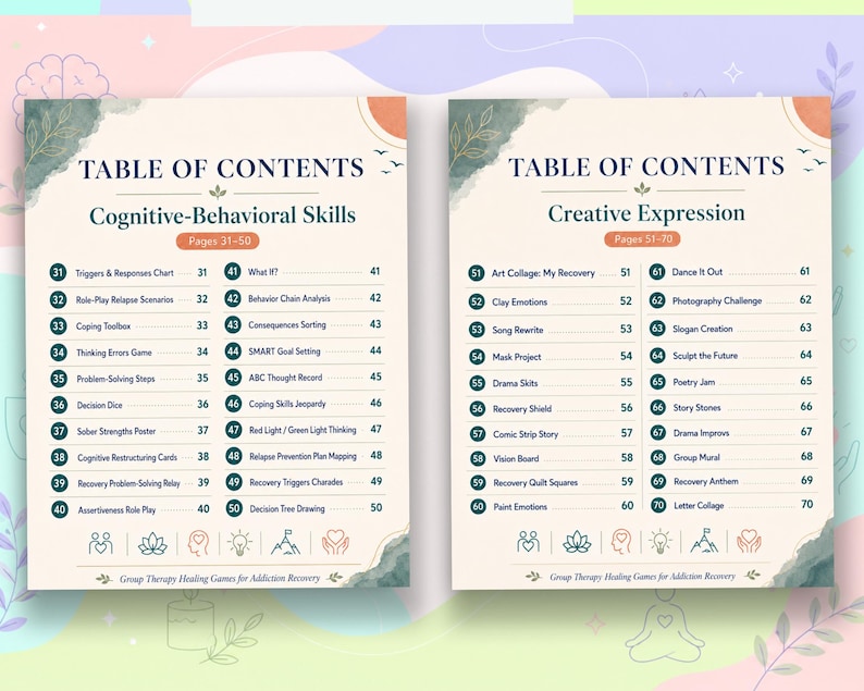 Pu&ograve; includere: Due pagine di un sommario per un quaderno di esercizi terapeutici. La pagina sinistra elenca le abilit&agrave; cognitivo-comportamentali da pagina 31 a 50, la destra l'espressione creativa da 51 a 70, con testo blu scuro su sfondo color crema.