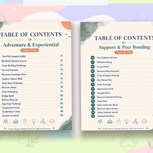 Pu&ograve; includere: Due pagine di un sommario intitolato Adventure & Experiential e Support & Peer Bonding. Gli elenchi includono attivit&agrave; numerate da 71 a 100, con intestazioni per le pagine 71-85 e 86-100, caratterizzate da accenti acquerellati e icone.