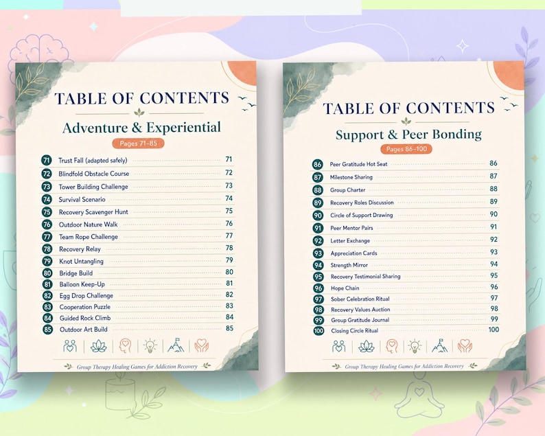 Pu&ograve; includere: Due pagine di un sommario intitolato Adventure & Experiential e Support & Peer Bonding. Gli elenchi includono attivit&agrave; numerate da 71 a 100, con intestazioni per le pagine 71-85 e 86-100, caratterizzate da accenti acquerellati e icone.