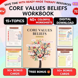 May include: A digital workbook titled Core Values Beliefs featuring a central tree illustration with branches labeled Time, Decision Making, Success, Shame, Guilt, Failure, and Emotional Trigger, surrounded by four sample worksheet pages.