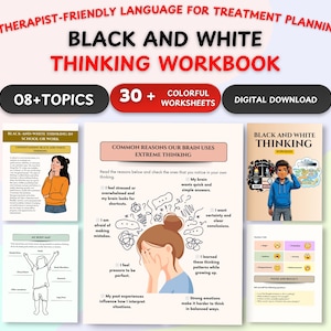 以下が含まれることがあります： 「Black and White Thinking Workbook」というタイトルのデジタルワークブック。テキストは「Therapist-Friendly Language for Treatment Planning」です。表紙には人が描かれています。ワークブックには08以上のトピックと30以上のカラフルなワークシートが含まれています。