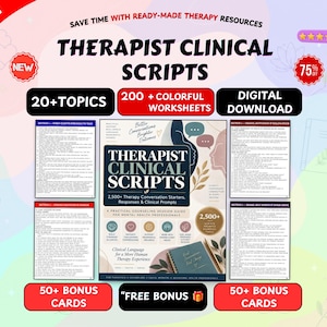 Op de afbeelding: Een digitale downloadset met klinische scripts voor therapeuten, inclusief 20+ onderwerpen, 200+ kleurrijke werkbladen en 50+ bonuskaarten. De centrale gids bevat 2.500+ gespreksstarters, antwoorden en klinische prompts voor zorgprofessionals.