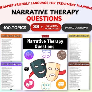 May include: A digital download graphic with the text "Narrative Therapy Questions" and "1000 Narrative Therapy Questions". The image includes colorful worksheets and the text "Therapist-Friendly Language for Treatment Planning".