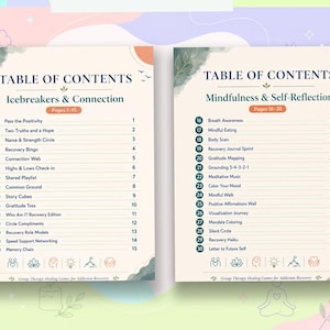 Pu&ograve; includere: Due pagine affiancate intitolate TABLE OF CONTENTS. La pagina sinistra elenca Icebreakers & Connection, pagine 1-15, con attivit&agrave; numerate come Pass the Positivity. La pagina destra elenca Mindfulness & Self-Reflection, pagine 16-30, con attivit&agrave; come Breath Awareness. Entrambe presentano sfondi color crema, testo scuro e accenti verdi.