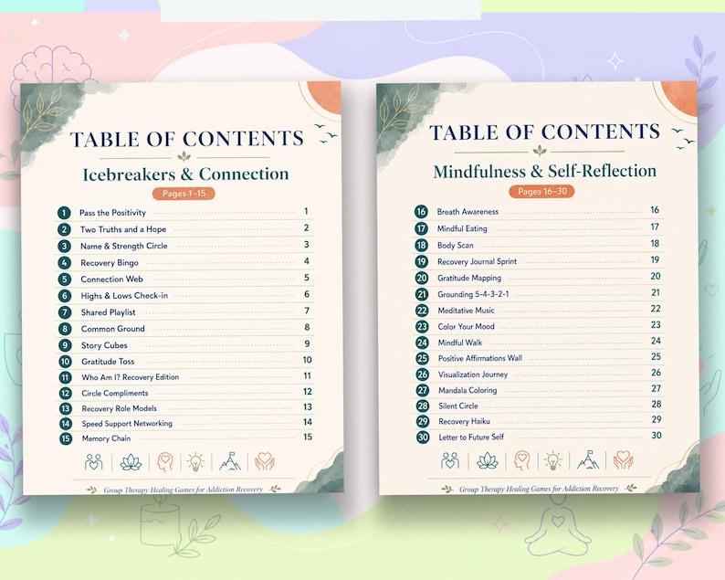 Pu&ograve; includere: Due pagine affiancate intitolate TABLE OF CONTENTS. La pagina sinistra elenca Icebreakers & Connection, pagine 1-15, con attivit&agrave; numerate come Pass the Positivity. La pagina destra elenca Mindfulness & Self-Reflection, pagine 16-30, con attivit&agrave; come Breath Awareness. Entrambe presentano sfondi color crema, testo scuro e accenti verdi.