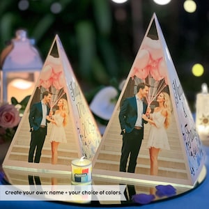 Wedding Photo Table Number Luminaries, Personalized Anniversary Lantern Lights, Pyramid Custom Centerpiece, Birthday Luminary