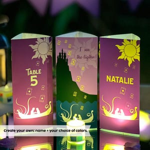 Tangled Table Number, Rapunzel Party Decor, Light Table Stand, Custom Triangle Table Sign, 3 Sided Centerpiece, Personalized Luminary Set