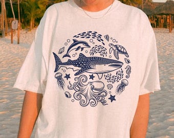 Camiseta Comfort Colors Sea Animals: Camiseta vintage Ocean Life dos anos 90