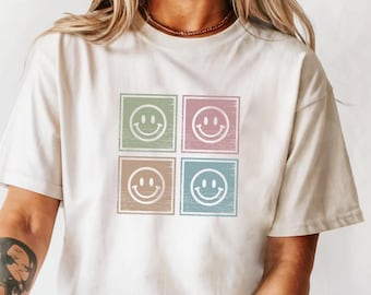 Comfort Colors Vintage Smiley Face T-Shirt: Retro Checkered Graphic Tee