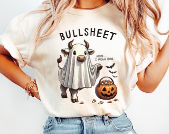 Maglietta di Halloween con motivo mucca fantasma Comfort Colors: regalo per gli amanti delle mucche delle Highlands