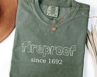 Comfort Colors Salem Witch T-Shirt: Fireproof Since 1692, Retro Halloween