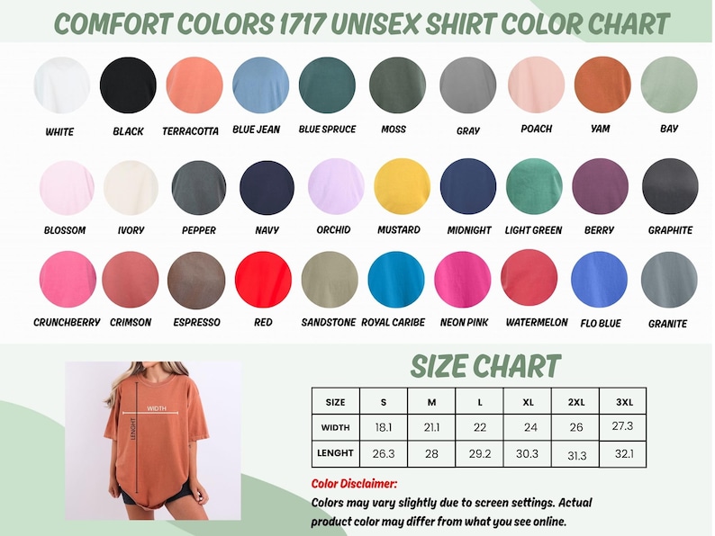 Puede incluir: Carta de colores para camisetas unisex Comfort Colors 1717, con una gama de colores. Incluye una tabla de tallas con medidas en cm para ancho y largo, de la talla S a la 3XL. Una modelo lleva una camiseta color terracota.