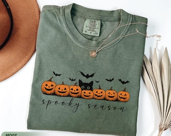 Camiseta Comfort Colors® Fall Cat Halloween para amantes de abóboras, presente de outono assustador