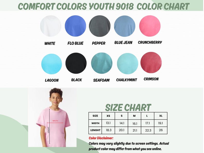 Puede incluir: Tabla de colores para camisetas Comfort Colors Youth 9018. La tabla muestra varios colores, incluyendo blanco, azul, gris y rosa. Tambi&eacute;n se incluye una tabla de tallas, con medidas en cm para el ancho y el largo. La imagen tambi&eacute;n incluye a una persona joven vistiendo una camiseta rosa.