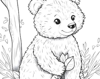 May include: A black and white line drawing of a cute cartoon bear cub sitting under a tree with leaves falling from the branches. The bear cub is holding two leaves in its paws.