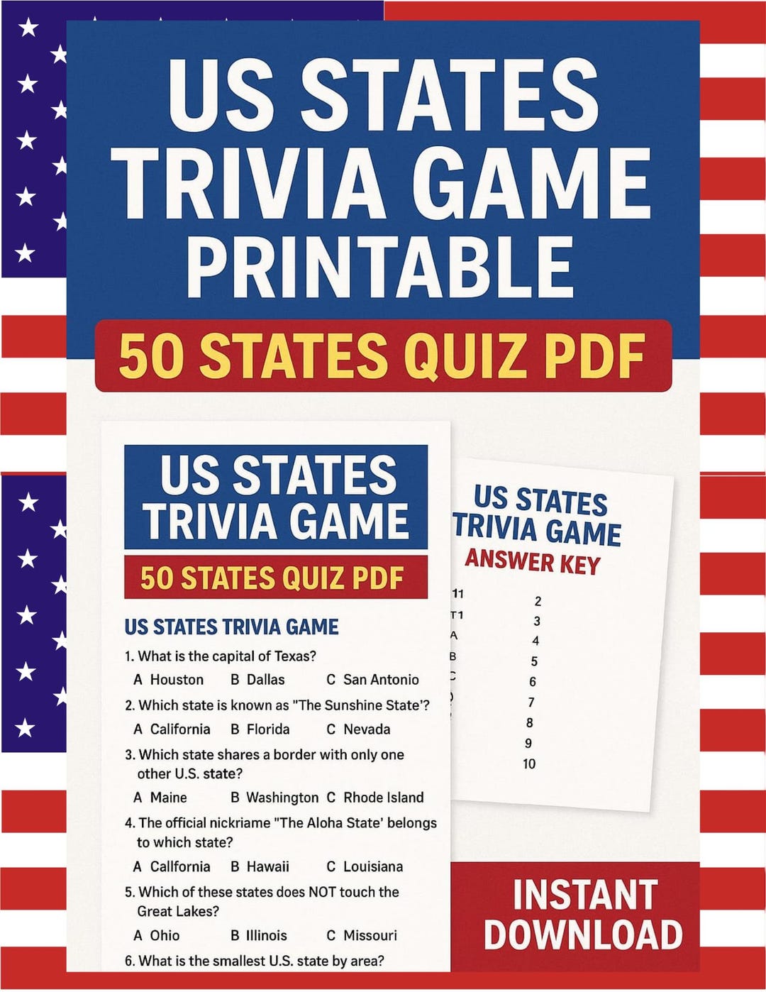 State Trivia Images US States Trivia Game, 50 States Quiz (printable PDF) - Etsy