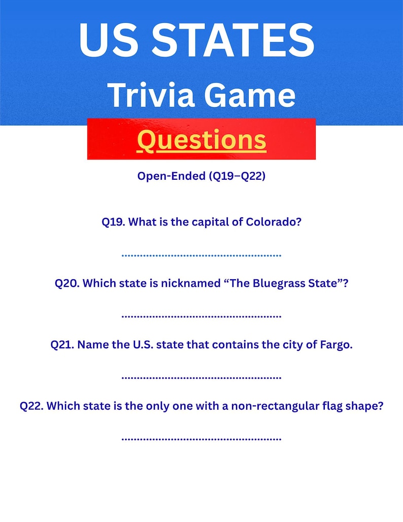 State Trivia Images US States Trivia Game, 50 States Quiz (printable PDF) - Etsy
