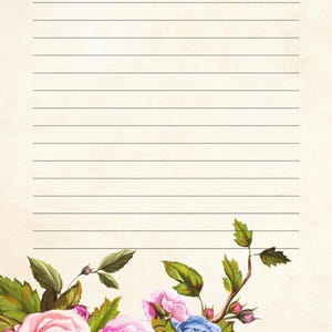Könnte beinhalten: Liniertes Briefpapier mit floralem Design. Der untere Teil der Seite zeigt einen Strauß aus rosa, blauen und lila Rosen mit grünen Blättern. Das Papier hat einen cremefarbenen Hintergrund.