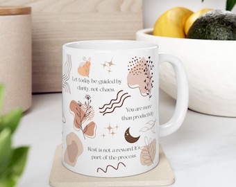Mindful Intentions Ceramic Mug with Daily Affirmations for Meditation, Self-Care, Positivity, Cozy Gift for Tea or Coffee Lovers, Home Décor