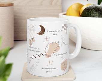 Inspirational Mindfulness Ceramic Mug with Positive Affirmations | Motivational Tea Coffee Cup Gift for Her | Wellness Self Care Drinkware
