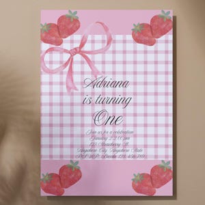 Girls Cute Pink Strawberry First Birthday Invitation Editable Digital Download Template