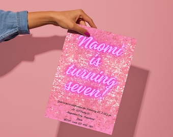 Neon Pink Glitter Birthday Invitation: Editable Template (Digital Download)