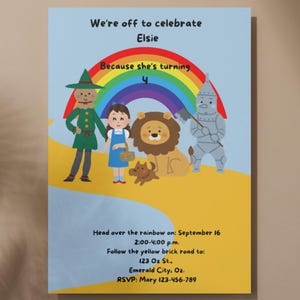 Linda invitación para fiesta de cumpleaños de El Mago de Oz: plantilla digital editable y descargable