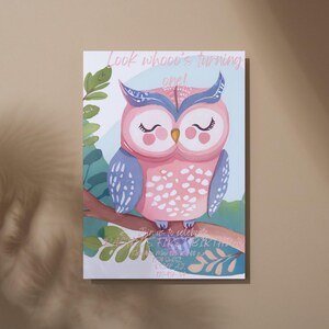 Verjaardagsuitnodiging roze uil: meisjesfeest, bewerkbare sjabloon (digitale download)