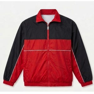 May include: A black and red windbreaker jacket with a full zipper closure. The jacket features a red body with a black upper section and sleeves. White trim accents the design. The jacket has a collared neckline and elastic cuffs.