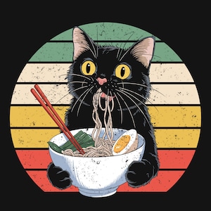 Black Cat Ramen PNG: Retro Japanese Food Design (Digital Download)
