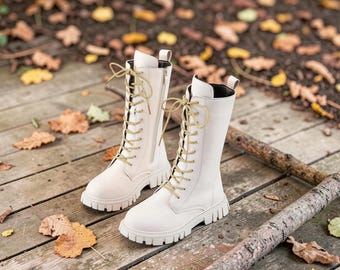 K-pop Demon Hunter Boots – White Leather Combat Platform Shoes with Gold Laces