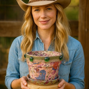 May include: A floral-patterned flower pot with a matching saucer. The pot has a pink and blue floral design, green accents, and a rim with green glass beads. The wooden saucer has the word "love" engraved on it. The pot is held by a person.