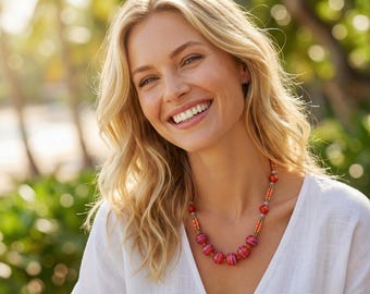 Ceramic Red Orange Bead Necklace - Vintage Style