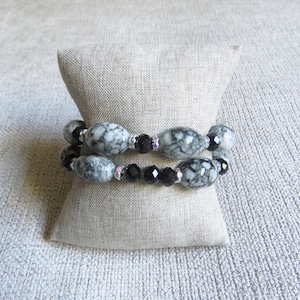Oval Beads and Black Crystals Bracelet Set of 2