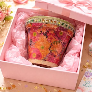 Flower Pot Handmade with Decoupage and Jewel Rim