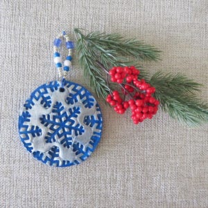 Ornament of Christmas - Silver Pendant with Blue Snowflake