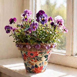 May include: A floral-patterned flower pot filled with vibrant purple pansies. The pot is decorated with a burlap trim and purple beads. The arrangement sits on a windowsill, with a window and floral curtain in the background.