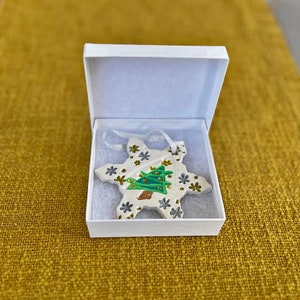 Ornament for Christmas - White Star with Green Tree