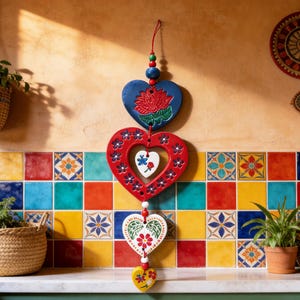 May include: A kitchen scene with colorful tiles and decorative elements. Hanging heart-shaped ornaments in blue, red, and white add a festive touch. Woven baskets and potted plants enhance the warm, inviting atmosphere. A shelf displays kitchenware.