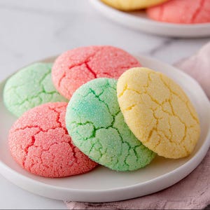 Könnte beinhalten: Ein weißer Teller enthält mehrere bunte Zuckerkekse. Die Kekse sind rund und mit kristallisiertem Zucker bedeckt. Zu den Farben gehören Rosa, Grün und Gelb. Ein weiterer Teller mit Keksen ist im Hintergrund zu sehen. Die Kekse haben eine rissige Oberfläche.