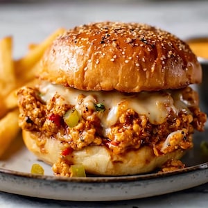 May include: A close-up of a Sloppy Joe sandwich on a sesame seed bun, with melted cheese and a side of french fries. The sandwich filling is a mix of ground meat, vegetables, and sauce. The fries are golden brown and crispy.